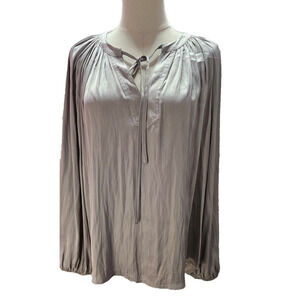 Maison d Amelie Silver Gray Silky Satin Large Puffed Sleeves V Neck Boho Flowy